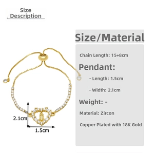 Detailed size specifications for 18K gold heart bracelet with Virgin Mary pendant