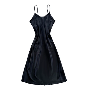 Elegant black silk satin slip dress with thin straps and a classic V-neck silhouette