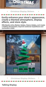 Christmas tree and gift box window decals with 25th December text for shop displays
