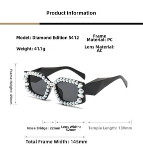 Dimensions détaillées des lunettes de soleil à strass et perles sur monture polygonale