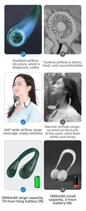 Detail of 360 wide airflow design and 5000mAh battery comparison for neck fan