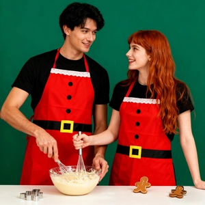 Classic red Christmas apron with Santa belt design for holiday kitchen cooking