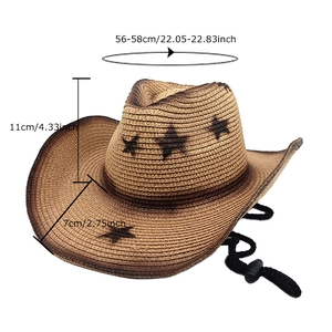 Vintage straw cowboy hat with star patterns and adjustable chin strap for sun protection