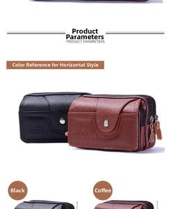 Detail view of leather belt pouch with magnetic flap and dual zipper compartments