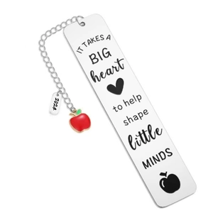 Silver stainless steel bookmark with apple charm and engraved inspirational teacher quote