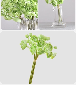 Macro detail of artificial green Ranunculus bouquet with silk petals and origin tag