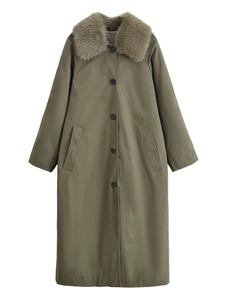 Close-up of military green trench coat featuring detachable faux fur collar and pockets