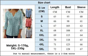 Tabla de tallas detallada para blusa de manga larga con cuello en V, de la S a la 5XL