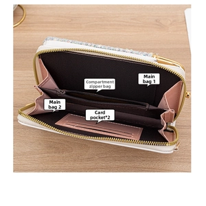 Internal view of colorful sequin handbag showing spacious dual pockets and card slots