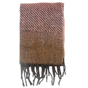 Detailed view of pink and brown gradient winter scarf with fringe and marled knit texture