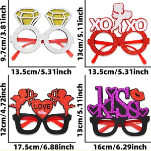 Detailed size specifications for heart, XOXO, and LOVE themed Valentine party glasses