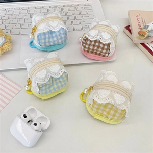 Cute knitted plaid AirPods Pro case with lace trim, pearl charm, and metal carabiner