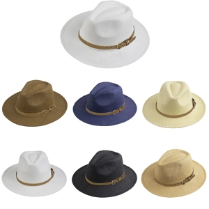 Fedora Straw Hat Paper Braid Wide Brim Sun Protection Summer Travel Panama Style With PU Leather Belt Buckle
