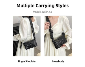Detailed views of a black quilted puffer bag showing crossbody and shoulder carrying styles