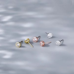 925 Sterling Silver Zirconia Stud Earrings For Women Minimalist Round Geometric Heart Hollow Small Commuter Jewelry Gift