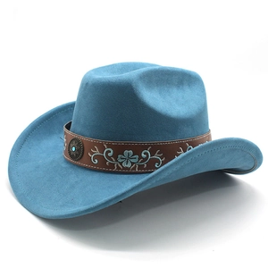 Detail of blue western cowboy hat with brown floral embroidered band and metal buckle