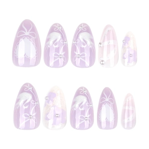 Luxury 3D white swan press-on nails in purple and white with bows and pearls