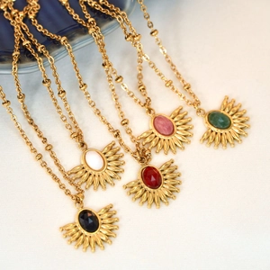 Collection of bohemian fan-shaped gold necklaces with multi-color natural stone inlays