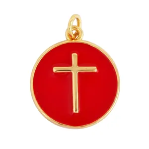 Mini round cross pendant with gold plating and red enamel details for DIY jewelry making