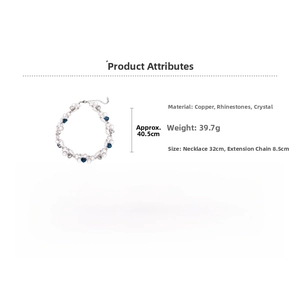Detail view of crystal beaded necklace dimensions showing measurements and materials