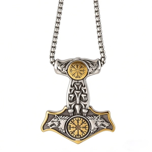 Vintage Viking Thor's Hammer necklace with dual wolf heads and Vegvisir compass in gold