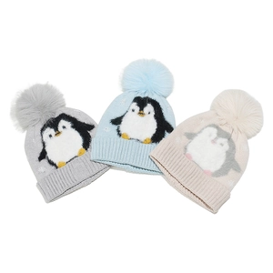 Three-pack of knit kids penguin hats with fluffy pom-poms in grey, blue, and beige