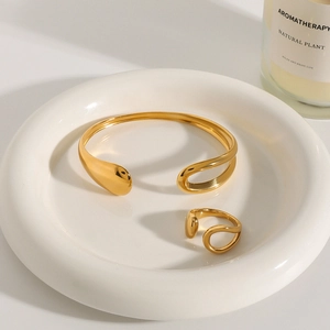 18k gold plated stainless steel droplet open bracelet and ring jewelry set for women