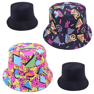 Bucket Hat Cotton Reversible Sun Protection Outdoor Retro Geometric Print Streetwear Unisex