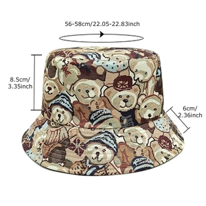Teddy bear pattern bucket hat with measurements for sun protection and foldable design