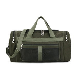 Large army green foldable travel bag with adjustable shoulder straps on white background