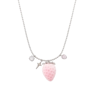 Silver bead chain necklace featuring a pink strawberry pendant and star charms for women