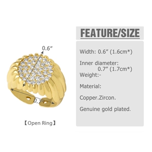 Size specifications for gold plated copper open ring with zircon showing 1.6cm width