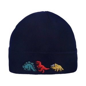 Detailed view of three colorful cartoon dinosaur embroideries on navy blue knit beanie