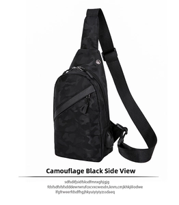 Seitenansicht der camouschwarzen Brusttasche mit integriertem USB-Ladeanschluss und Textur