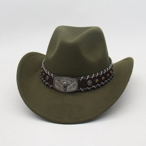 Detailed view of olive green felt cowboy hat featuring a silver bull head buckle and studs