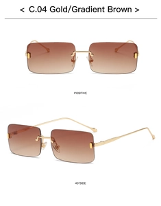 Detailansicht der randlosen quadratischen Sonnenbrille mit Goldbügeln und braunem Verlauf