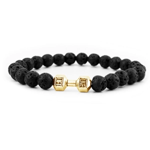 Volcanic stone dumbbell bracelet with black lava beads and engraved golden charms