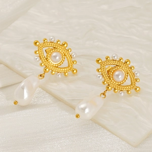 French vintage 18K gold stainless steel Evil Eye earrings with baroque pearl drops