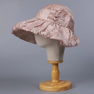 Pink sun hat with traditional floral print and Chinese knot buckle decoration