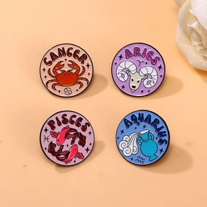 Zodiac Sign Enamel Brooch Pin Zinc Alloy Round Constellation Badge For Clothing Bag Decoration Cartoon Style Accessory