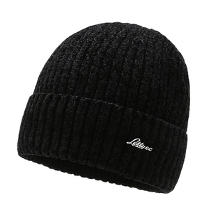 Black winter chenille knit beanie with white Lettuec embroidery on textured fabric