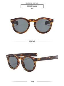 Detailed views of tortoise shell round sunglasses with metallic rivets and grey lenses