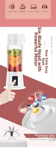 Detail of portable blender showing 304 stainless steel blades and USB charging capability