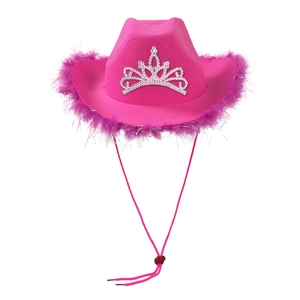 Hot pink cowboy hat with fluffy feather trim and silver crown emblem for party wear