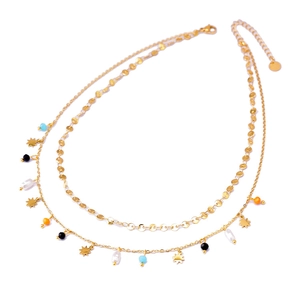 Gold-plated titanium double-layer necklace with stars, colorful beads and flat discs
