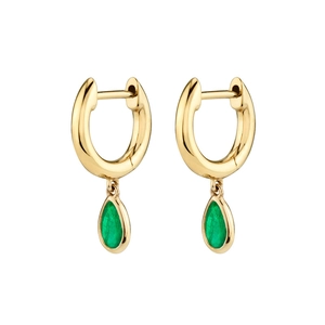 Elegant gold drop hoop earrings with vibrant green water-drop zircon stones on white backdrop