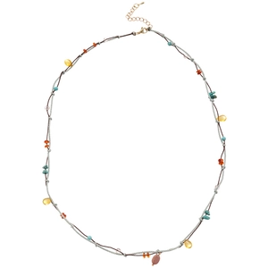 Bohemian double-layer woven cord necklace with multi-color stone pendants and gold clasp