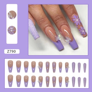 Lavender purple long coffin press on nails with glitter flower and 3D butterfly designs
