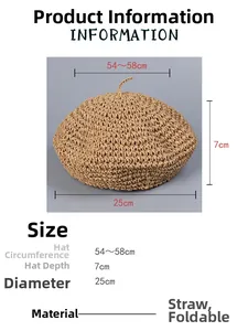 Size chart for handmade straw beret hat showing dimensions and packable paper grass fabric