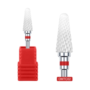 Macro view of OMTC02 white ceramic cone nail drill bit with a bright red base for manicures